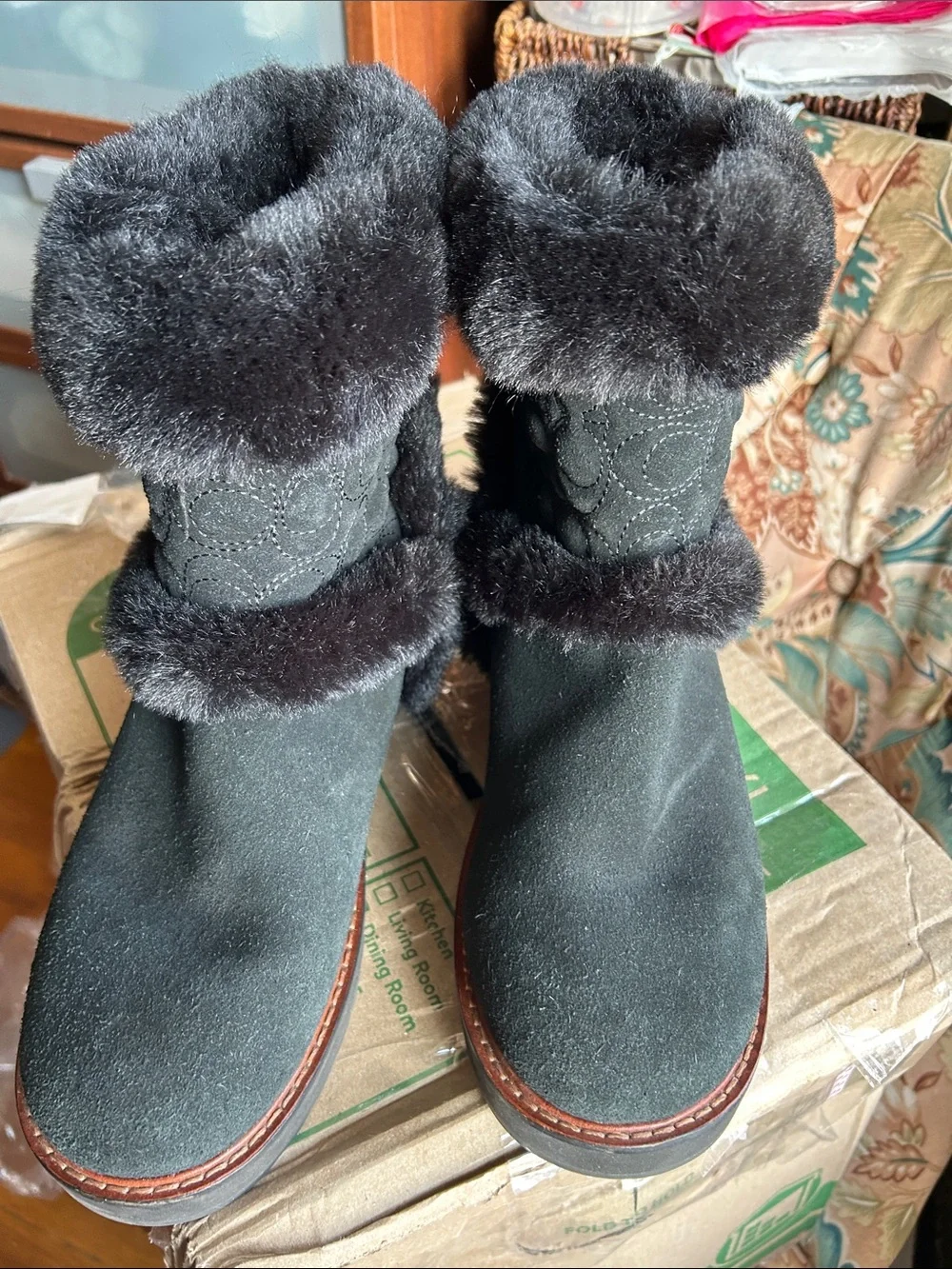 Coach Black Faux Fur Trim Suede Winter Boots size 9